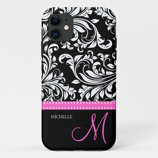 Elegantes Schwarz-Weiß-Damast-Muster mit Monogramm Case-Mate iPhone Hülle (Rückseite)