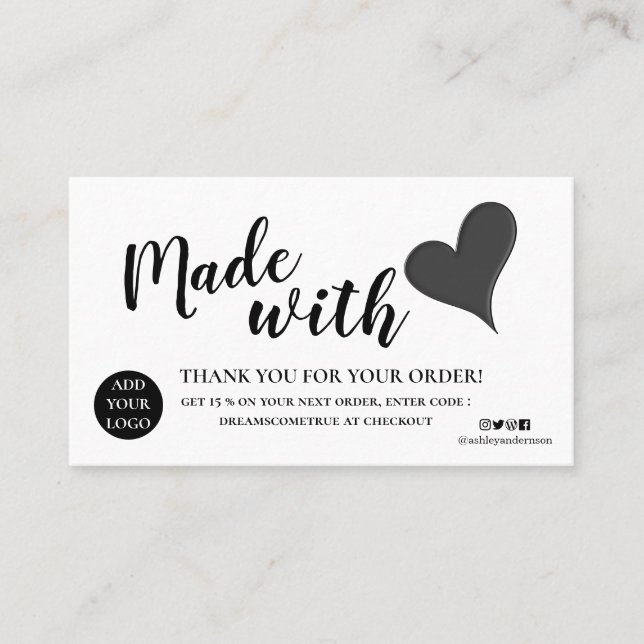 Elegantes Schwarz-Weiß-Dankeschön mit Liebe gemach Visitenkarte (Vorderseite)