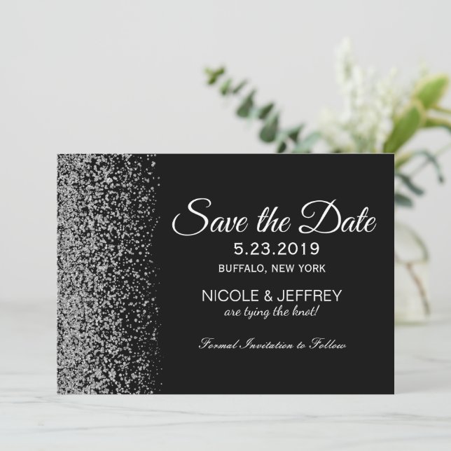 Elegantes Schwarz-Weiß-Diamant-Hochzeitdatum Geret Save The Date (Stehend Vorderseite)