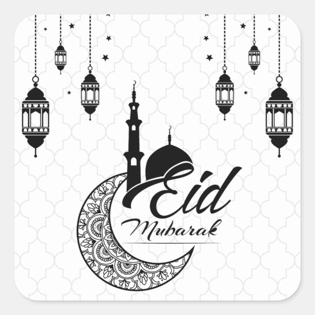 Elegantes Schwarz-Weiß-Eid Mubarak Quadratischer Aufkleber (Vorderseite)