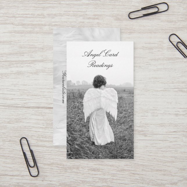 Elegantes Schwarz-Weiß-Engel-Kartenlesen Visitenkarte (Vorderseite/Rückseite Beispiel)