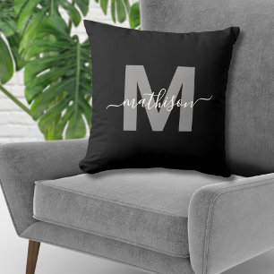 Elegantes Schwarz-Weiß-Familienname-Monogramm Kissen