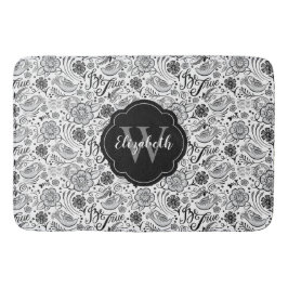 Elegantes Schwarz-weiß Floral Monogramm Badematte