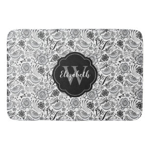 Elegantes Schwarz-weiß Floral Monogramm Badematte