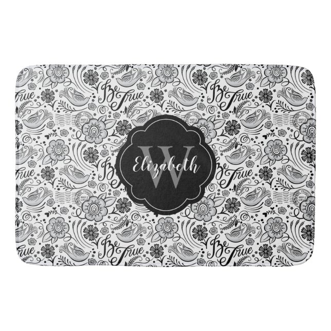 Elegantes Schwarz-weiß Floral Monogramm Badematte (Vorderseite)