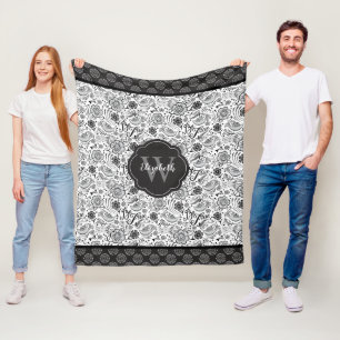 Elegantes Schwarz-weiß Floral Monogramm Fleecedecke