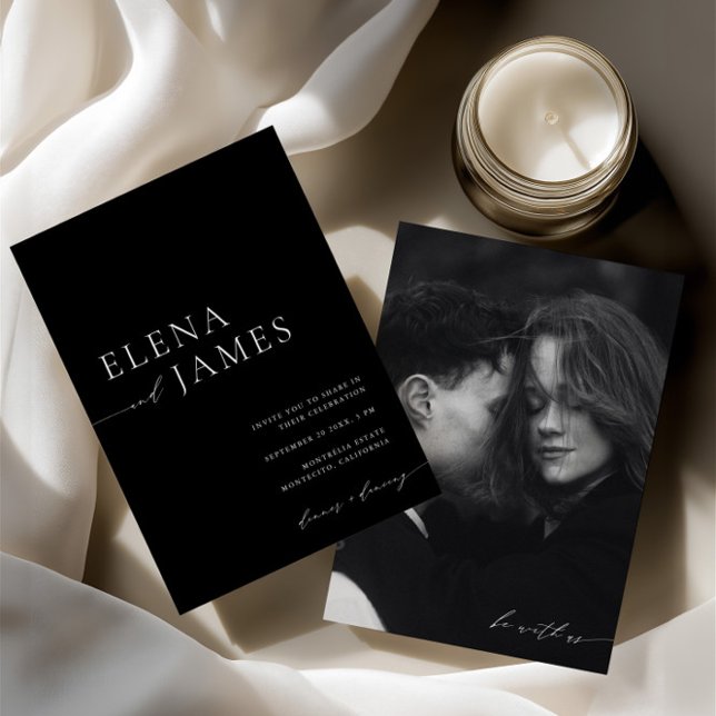 Elegantes Schwarz-Weiß-Foto für Minimalistische Ho Einladung (Elegant Black & White Minimalist Wedding Photo)