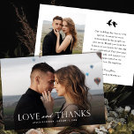 Elegantes Schwarz-Weiß-Foto Hochzeit | Vögel Dankeskarte<br><div class="desc">Diese stilvolle, elegante Hochzeitskarte mit einer vollflächigen Bleichfoto-Vorlage auf der Vorderseite, sowie das schlichte typografische Lesen "Liebe und Dank" in Weiß. Ein dunkles Farbverlaufsüberlagern in Richtung des Untergrundes ermöglicht es, den Text gegen Ihr Foto abzuheben - er kann bei Bedarf nach oben oder unten eingestellt werden. Die Rückseite enthält eine...</div>
