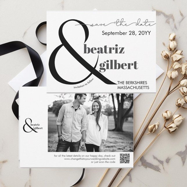 Elegantes Schwarz-Weiß-Foto Save the Date (Modern Elegant typography save the date with your photo and QR code.)