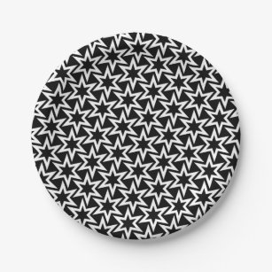 Elegantes Schwarz-Weiß-Geometrisches Sternmuster Pappteller