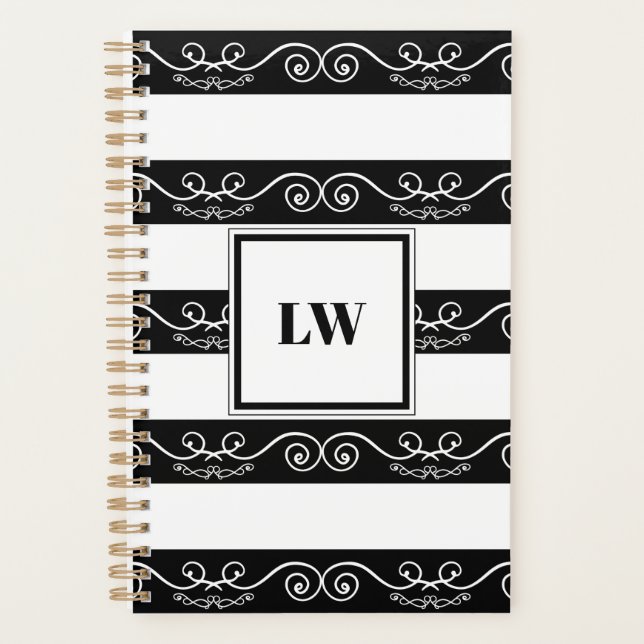 Elegantes Schwarz-weiß gestreiftes Monogramm Planer (Vorderseite)