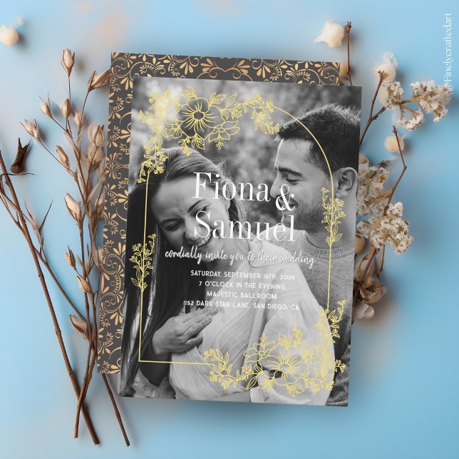 Elegantes Schwarz-Weiß Golden Custom Foto Wedding Einladung (Von Creator hochgeladen)