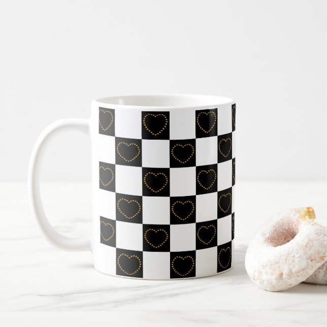 Elegantes Schwarz-Weiß-Herz-Muster Valentine Kaffeetasse (Mit Donut)
