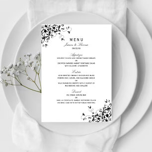 Elegantes Schwarz-Weiß-Hochzeitsmenü für Wirbel Menükarte