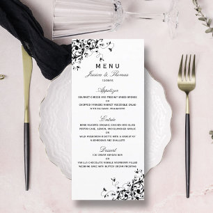 Elegantes Schwarz-Weiß-Hochzeitsmenü für Wirbel Menükarte