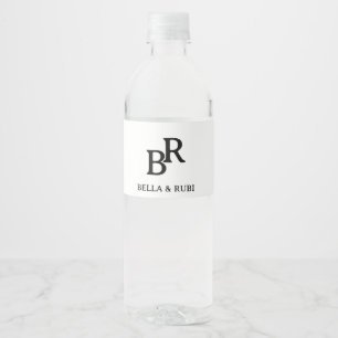Elegantes Schwarz-Weiß-Hochzeitsmonogramm-Design Wasserflaschenetikett