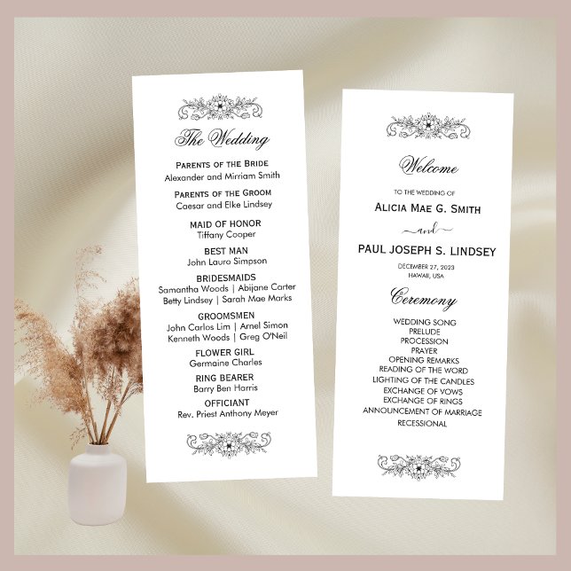 Elegantes Schwarz-Weiß-Hochzeitsprogramm Geblüht (Von Creator hochgeladen)