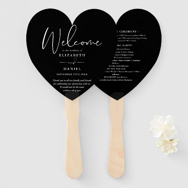 Elegantes Schwarz-Weiß-Hochzeitsprogramm Herz Fächer (Vorne und Hinten)