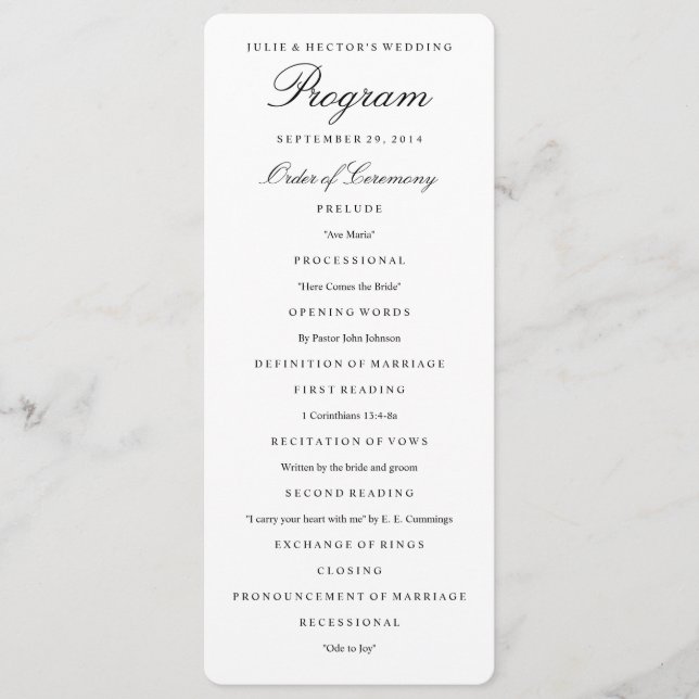 Elegantes Schwarz-Weiß-Hochzeitsprogramm Programm (Vorderseite)