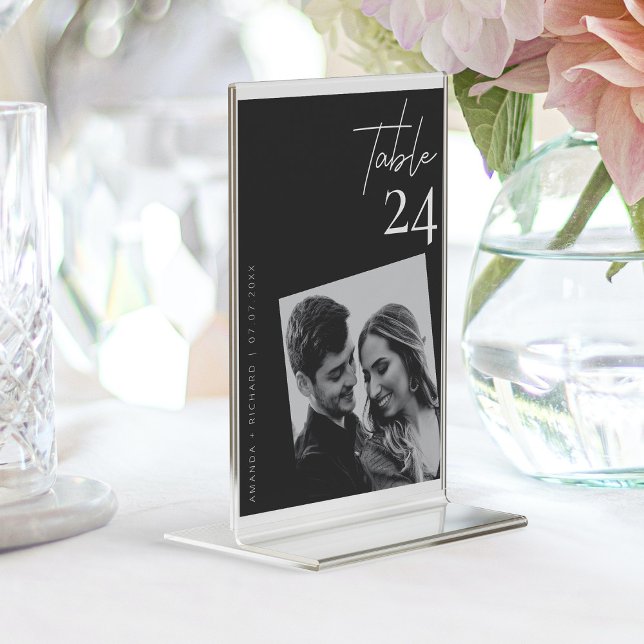 Elegantes Schwarz-Weiß-Hochzeitssemble Tischnummer (Black & White Wedding Modern Romantic Photo  Table Number)