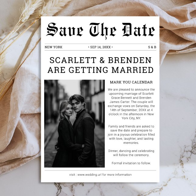 Elegantes Schwarz-Weiß-Hochzeitungs-Foto Save The Date (Von Creator hochgeladen)