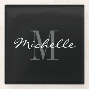 Elegantes Schwarz-Weiß-individuelle Name-Monogramm Glasuntersetzer