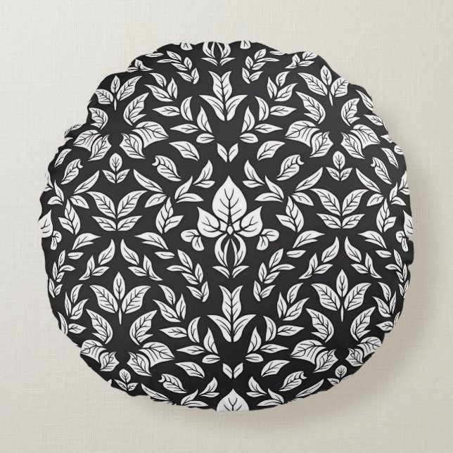 Elegantes Schwarz-Weiß-Leaf-Muster Rundes Kissen (Vorderseite)
