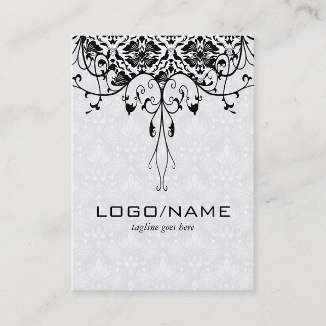 Elegantes Schwarz-Weiß-Look Vintage BlumenDamasken Visitenkarte (Vorderseite)