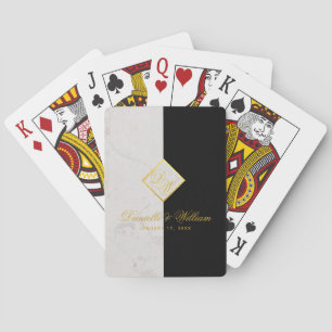 Elegantes Schwarz-Weiß-Marmor-Monogramm Goldene Ho Spielkarten