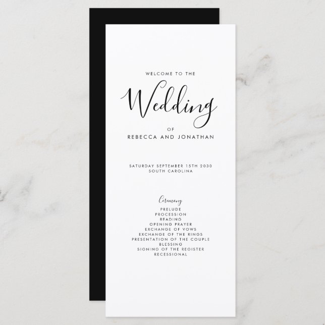 Elegantes Schwarz-weiß-Minimal-Hochzeitsprogramm (Vorne/Hinten)