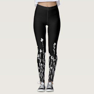 Elegantes Schwarz-Weiß-Minimalist-Doodle-Blumenmus Leggings