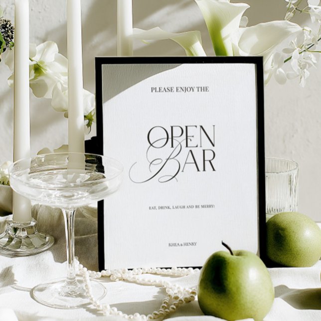 Elegantes Schwarz-Weiß-Minimalistisches-Open-Bar-S (Elegant Black & White Minimalist Open Bar Sign)