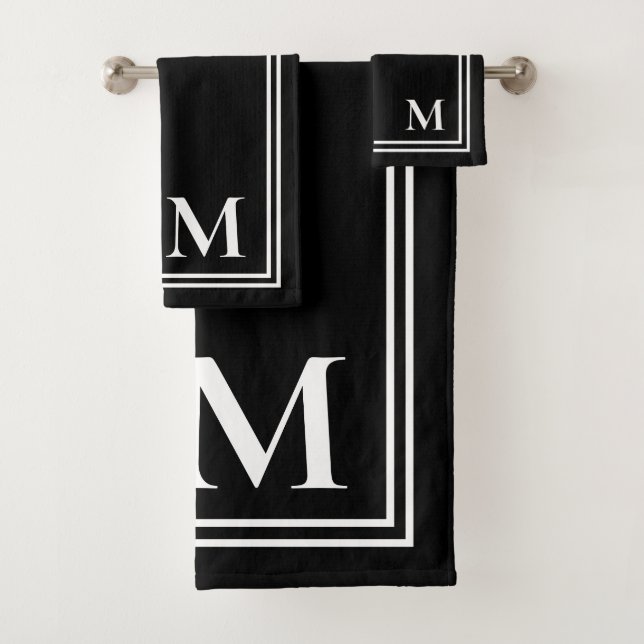 Elegantes Schwarz-Weiß-Monogramm Badhandtuch Set (Insitu)
