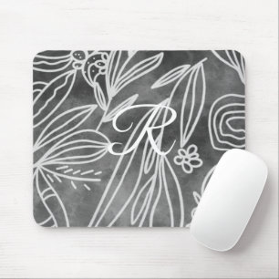 Elegantes Schwarz-Weiß-Monogramm-Blätter Zeichnend Mousepad