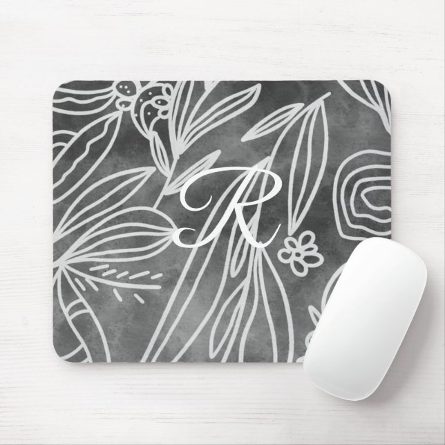 Elegantes Schwarz-Weiß-Monogramm-Blätter Zeichnend Mousepad (Mit Mouse)
