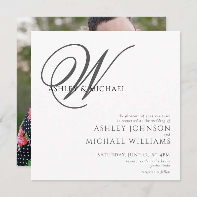 Elegantes Schwarz-Weiß-Monogramm-Foto Hochzeit Einladung (Vorne/Hinten)