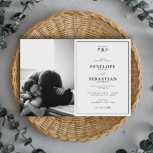Elegantes Schwarz-Weiß-Monogramm-Foto Hochzeit Einladung