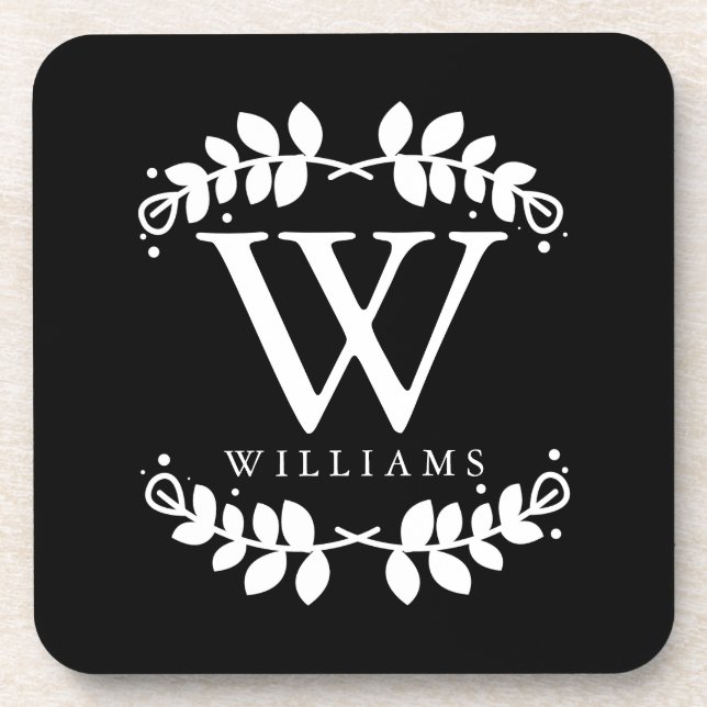 Elegantes Schwarz-Weiß-Monogramm Getränkeuntersetzer (Vorderseite)