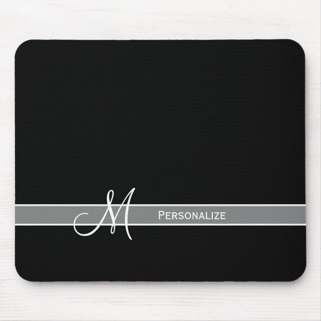Elegantes Schwarz-Weiß-Monogramm mit Namen Mousepad (Vorne)