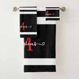 Elegantes Schwarz-Weiß-Monogramm Personalisierter  Badhandtuch Set