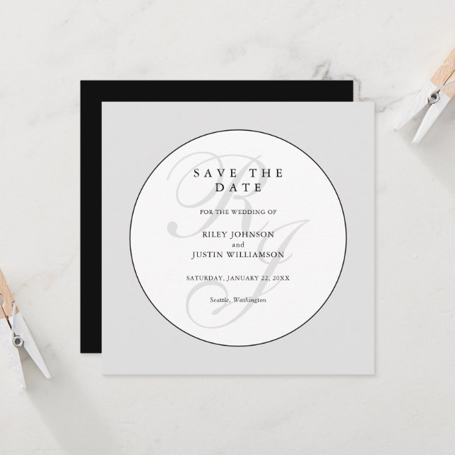 Elegantes Schwarz-Weiß-Monogramm 'Save the Date' (Vorderseite/Rückseite Beispiel)