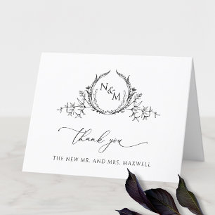 Elegantes Schwarz-Weiß-Monogramm zur Hochzeit Dankeskarte
