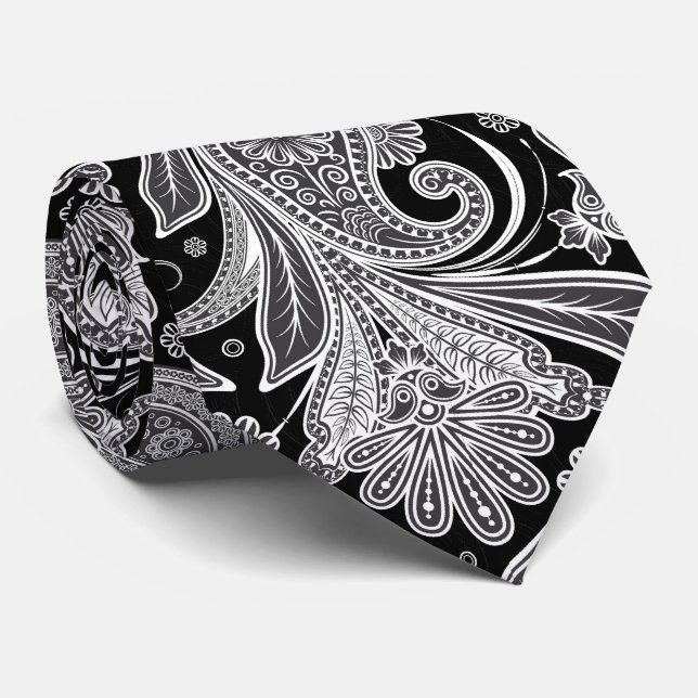 Elegantes Schwarz-Weiß-Paisley-Muster Krawatte (Gerollt)