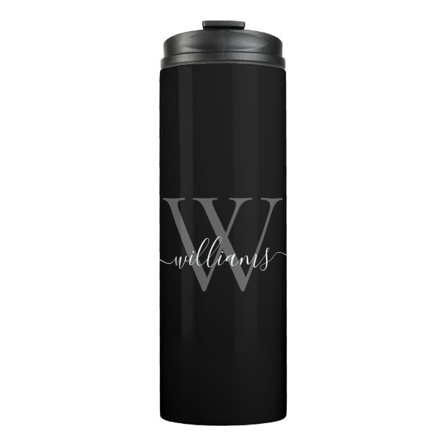 Elegantes Schwarz-Weiß-Personal-Monogramm-Skript-N Thermosbecher (Vorderseite)