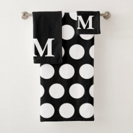 Elegantes Schwarz-Weiß-Polka-Punkte-Monogramm-Init Badhandtuch Set