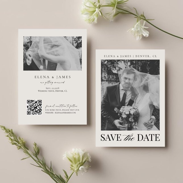 Elegantes Schwarz-Weiß-QR-Code-Monogramm Hochzeit Save The Date (Von Creator hochgeladen)