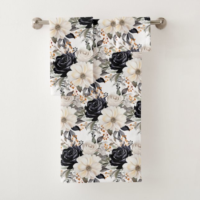 Elegantes Schwarz-Weiß-Rose Handtuchhandtuch Set (Insitu)
