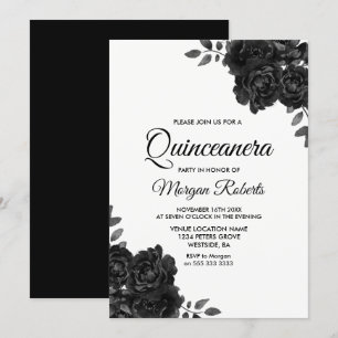 Elegantes Schwarz & Weiß Rose Quinceanera Einladun Einladung