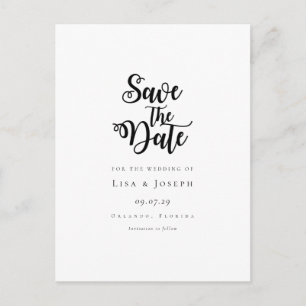 Elegantes Schwarz-Weiß-Save-the-Date-Manuskript Postkarte
