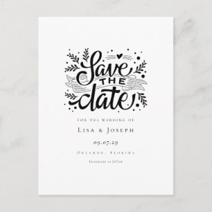 Elegantes Schwarz-Weiß-Save-the-Date-Skript Postkarte